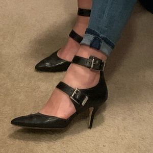 Black leather 3” heels shoes